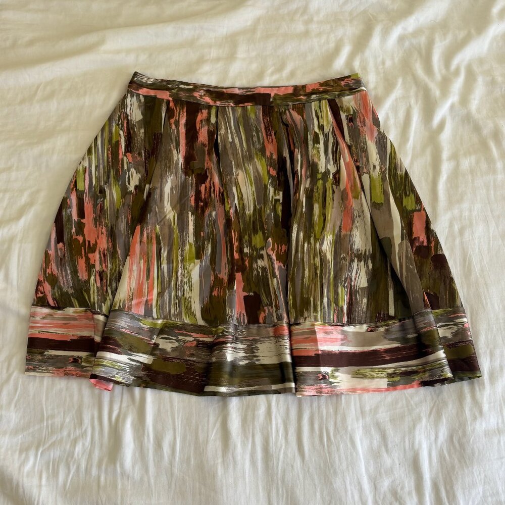 Calvin Klein Knee Length A-line Skirt Sz 16 Pink Green Brown Paint Stroke Print